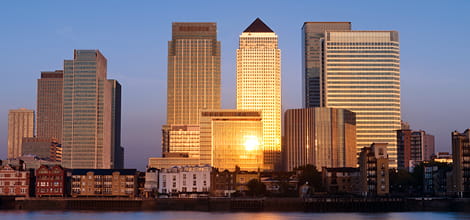 Canary Wharf skyline with One Canada Square reflecting evening sunlight